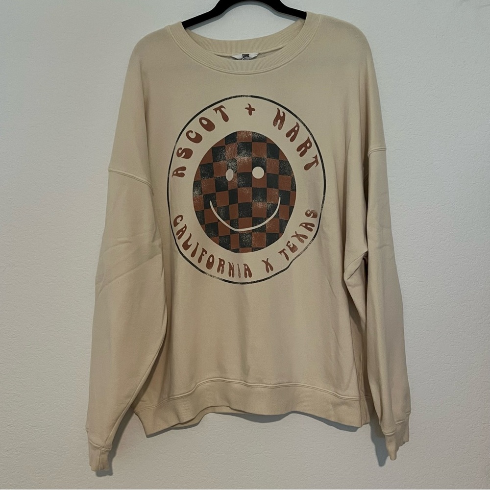 Ascot + Hart California x Texas Distressed Smiley Checkered Graphic Sweatshirt